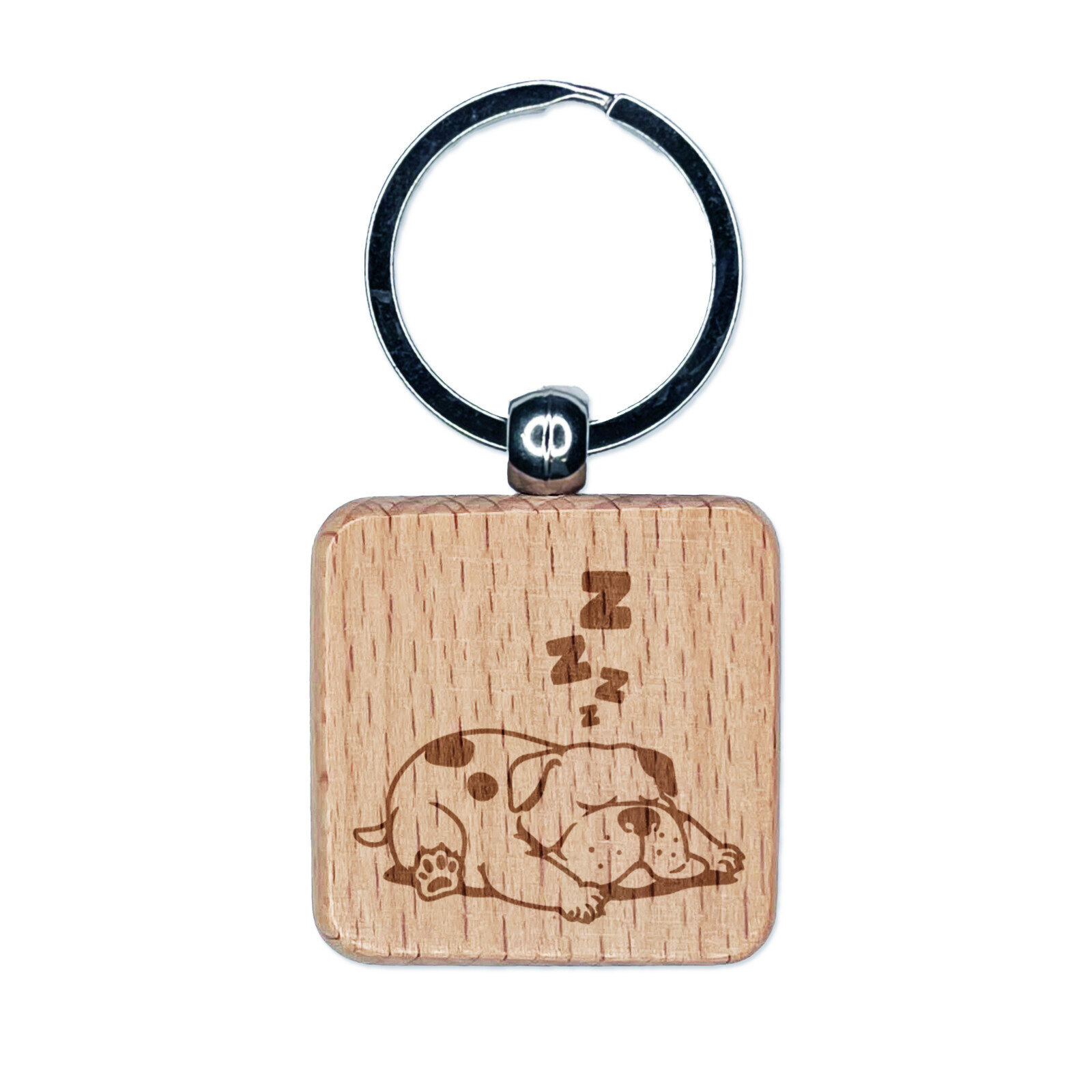 Chubby Spotted Dog Wood Keychain with Engraved Sleeping Pup Design