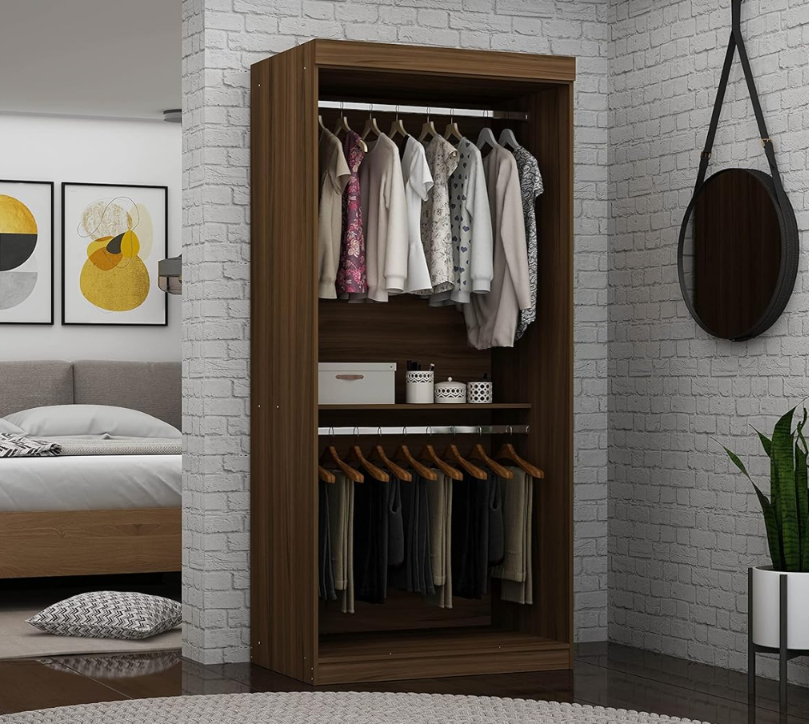 Open View Hanging Wardrobe Closet Brown Wood Tall Double Stacked 2 Rods No Doors