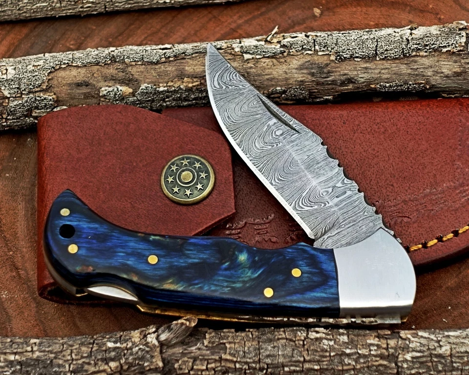 Cuchillo de bolsillo plegable con bloqueo trasero hecho a mano Damasco camping caza cuchillo bolsa Foto 3 de 4