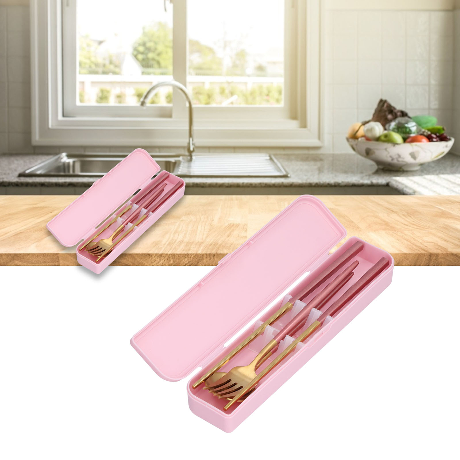 (Pink Storage Box))Portable Flatware Set Spoon Fork Chopsticks Durable