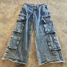 Y2K Cargo Baggy Multi Pocket Jeans Blue Denim Pants Utility Size 31 Skater Indie