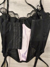 Ann Summers Black & Light Pink Satin Lace & Mesh Suspender Basque Size 36B