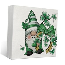 St Patricks Day Gnome Shamrocks Farmhouse Wood Box Sign,Irish Green Gnome