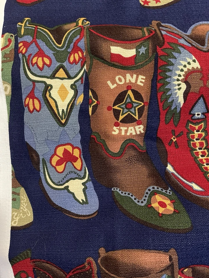 Vtg Barkcloth 2 1/2 Yds 54” W Round Up By Moda Western Boots Fabric Sew Blue NEW - Image 4 of 4