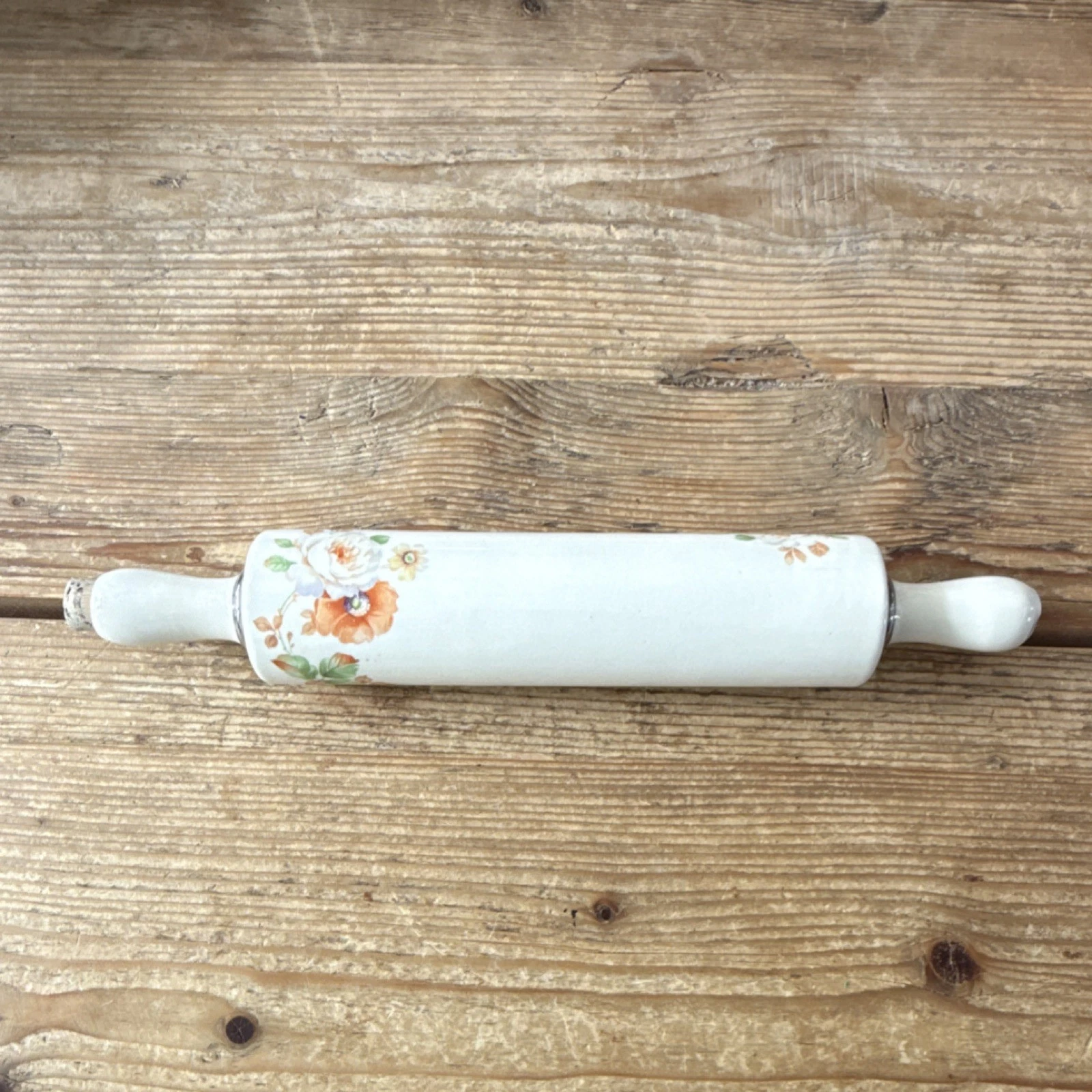 Ceramic Rolling Pin Floral White Orange Green With Handle Cork Stopper