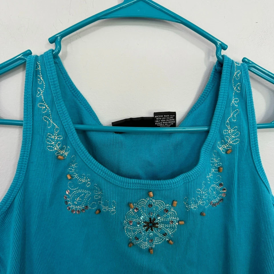 Relativity Green Blue Embroidered Beaded Neckline Tank Top Size Large Sleeveless - Image 2 of 4