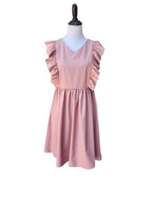 SHEIN Pink V-Neck Dress SIZE MEDIUM 8/10 Ruffle Trim Solid Side Zip Sleeveless