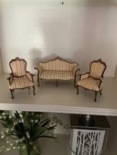 Bespaq vintage settee and chairs in a beige, rode pink fabric, gold trim