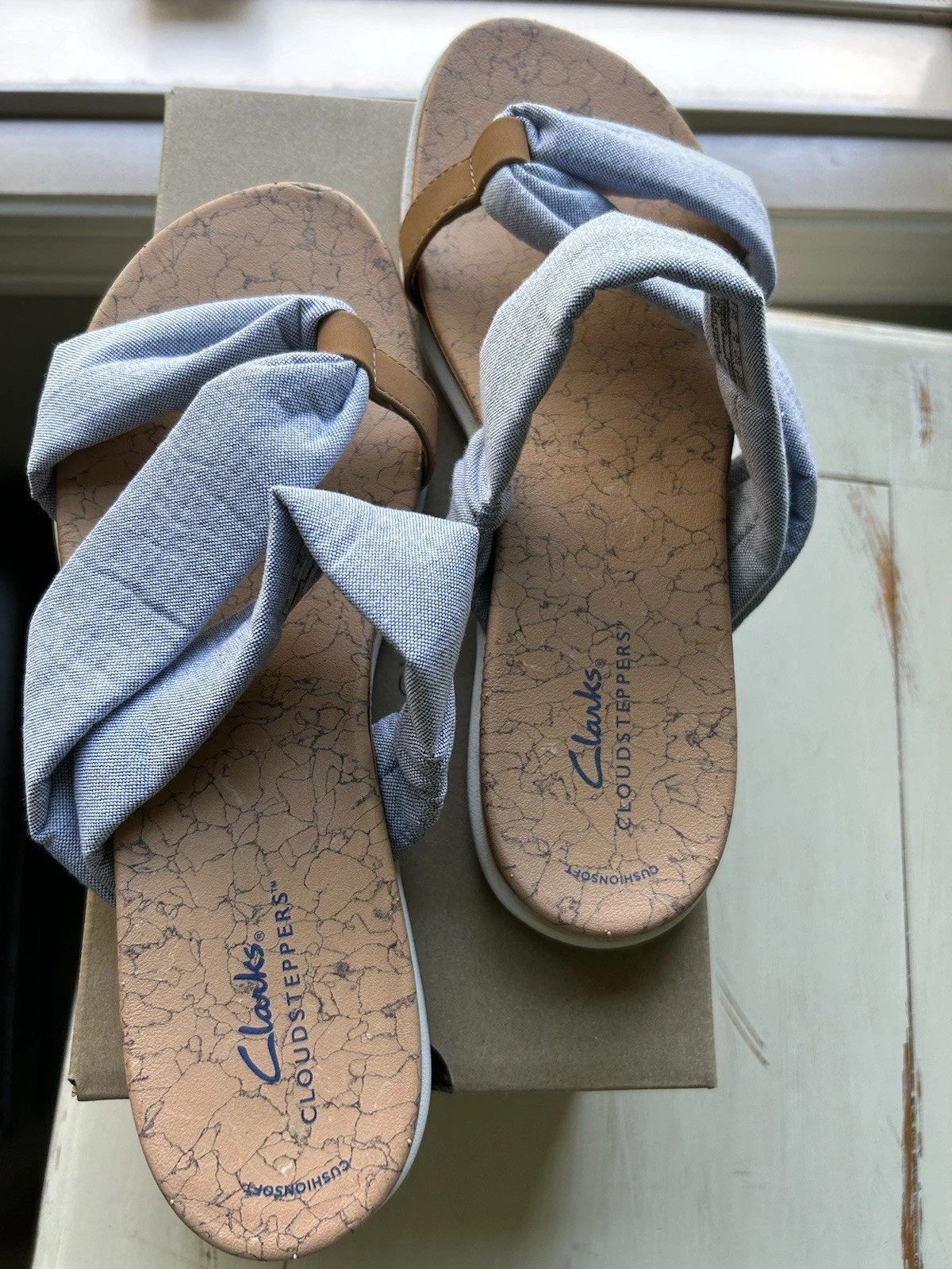 CLARKS Sandalo donna Clark’s in sughero Lt tessuto blu bianco tg 10 super comodo e carino! Nuovo con scatola