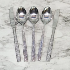 Northland Stainless Steel Hammered Flatware Korea 3 Dinner Soons 2 Knives VTG
