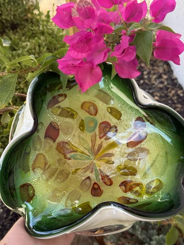 Dino Martens Avem Murano Art Glass Bowl Green Tutti Frutti Gold Flakes Approx 9"