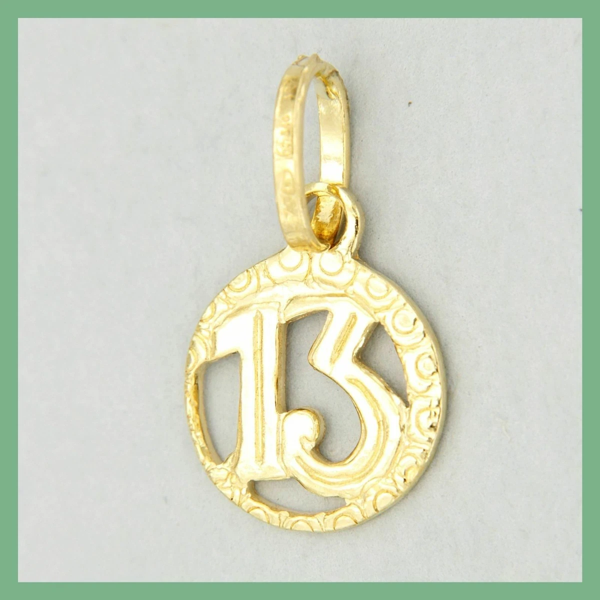 18k Solid Real Yellow GOLD Number 13 Lucky Charm Italian Italy Circle Pendant