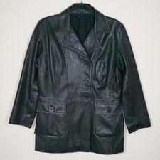Freemans Women's Black Vintage Double Breasted Collared Leather Jacket Sz 14 M/l