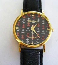 GENEVA PLATINUM BLACK  LEATHER DIAL FACE ANCHORS GOLD BEZEL WATCH STRAP BAND