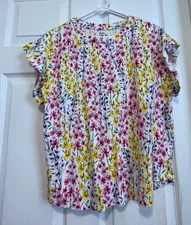 CROWN & IVY Top shirt PL 12 Bust 42 Length 23 White/Multi Floral Ruffle Sleeve