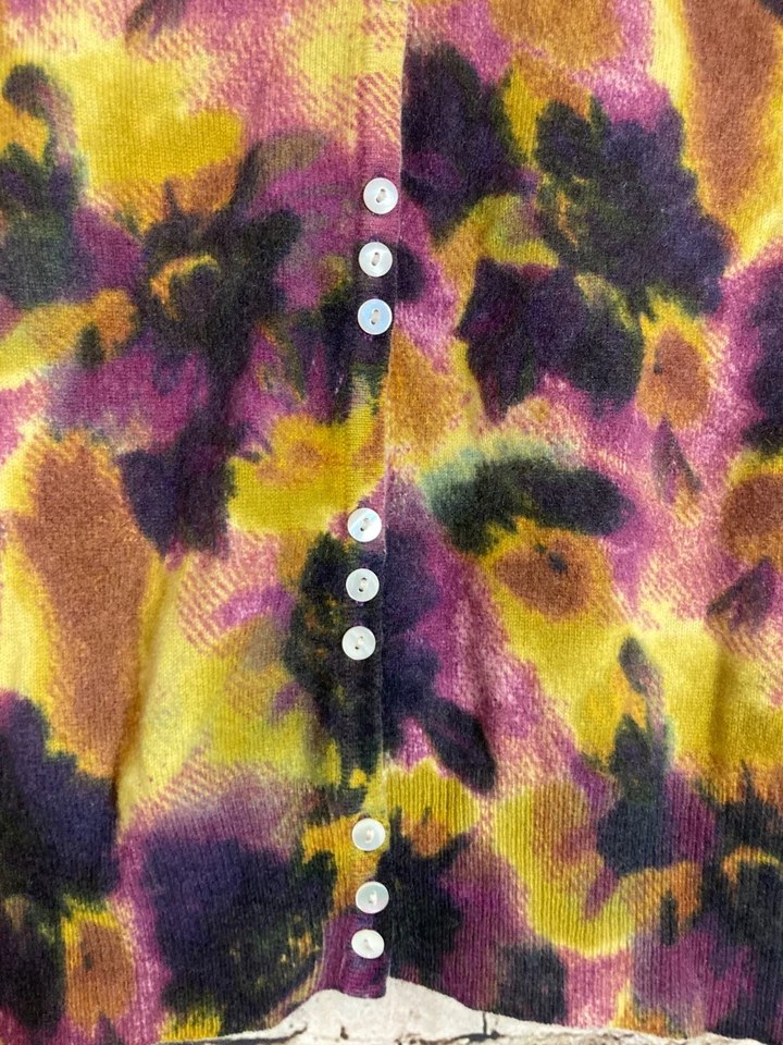 Vertical Design Cashmere Sweater Small Purple Watercolor Floral Artsy Cardigan - Image 3 of 4