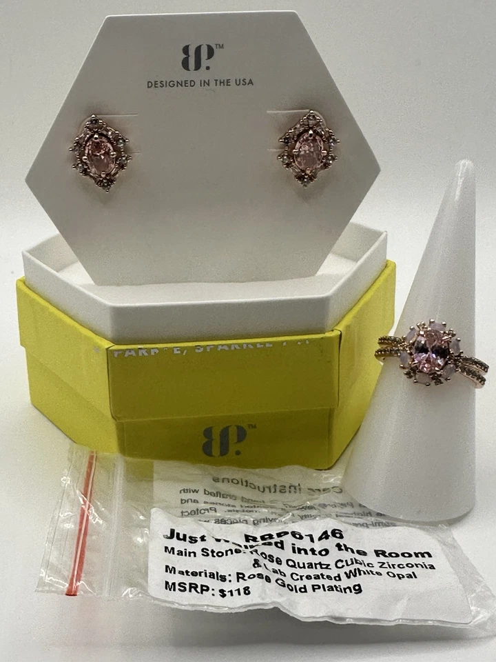 Conjunto de anillo de fiesta bomba talla 7 y pendientes OG cuarzo rosa circonita cúbica chapado en oro rosa Foto 2 de 4