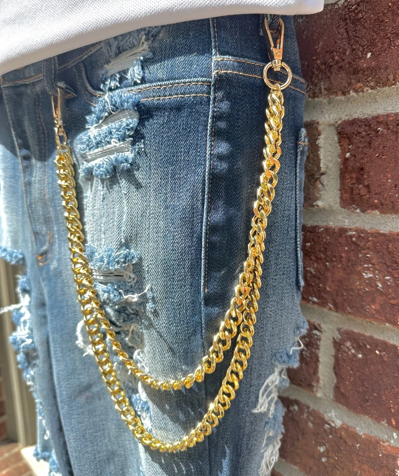 Cadena de pantalón cubano doble dorado/plateado de 11 mm para hombre - Accesorio elegante para jeans Foto 2 de 4