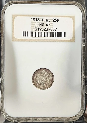 1916 Finland Silver 25 Pennia - NGC MS 67 [Old Holder]