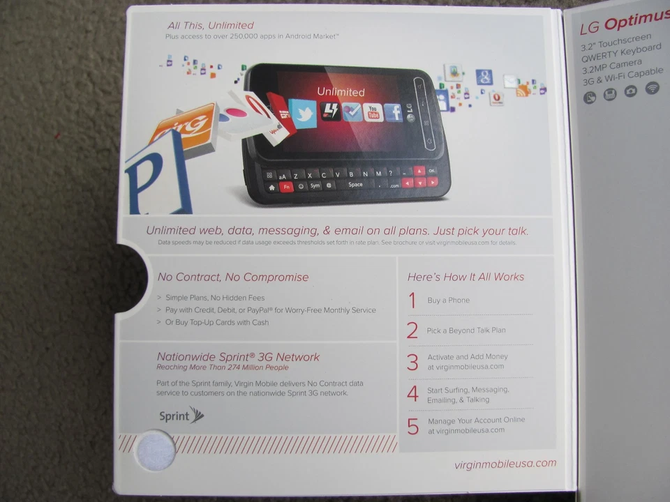 New LG Optimus Slider Virgin Mobile Smartphone 3G & Wi-Fi (No-Contract) Black - Image 4 of 4