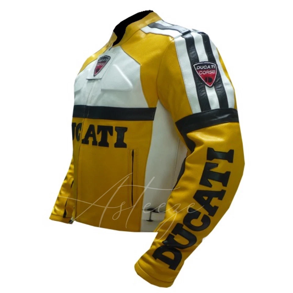 Men's Motorcycle Motorbike Jacket Ducati Biker Leather Coat Yellow Racing Gear - Image 2 of 4