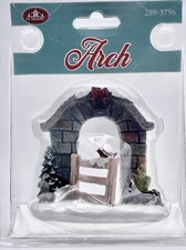 FG Square Christmas Village Gated Stone Arch Red Bow On Wreath Snow Cardinal