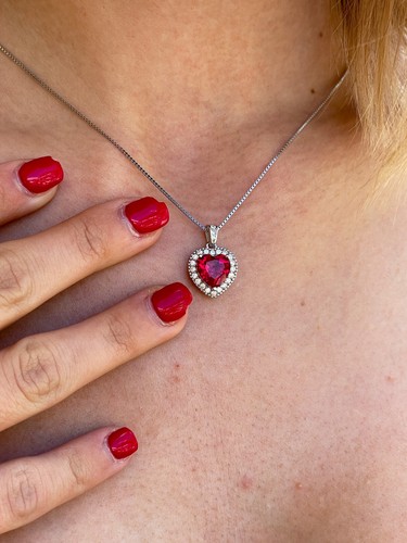 Collana Cuore Diamante Vermeil Oro Ciondolo Cuore Rubino 2 ct Naturale San Valentino - Foto 15 di 16