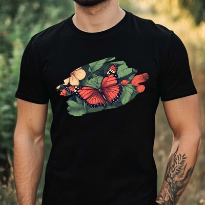 Mens Butterfly Flower Print Cotton T-Shirt Size XS to 5XL