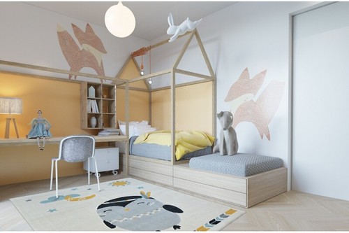 Modern Kinder Teppich PASTEL Pinguin creme gelb dicht Gewebtem Balta Flachflor  - Bild 2 von 6