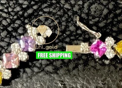 14K White Gold Plated 8CT Princess Simulated Multi Color Diamond Tennis Bracelet - Image 4 of 4