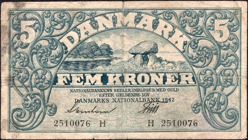 5 Kroner 1942 - Prefix H - Series: 2510076 - Denmark - Pick:30g -"VG" - C44 - Picture 2 of 4