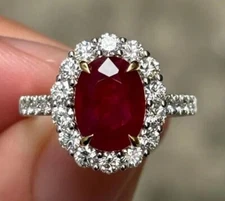 14k White Gold 3.90CT Oval Cut Natural Ruby & Diamond Women's Wedding Halo Ring