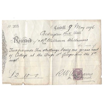 1896 Billhead Coedriglan Park Estate, Quittung zur Miete auf einem Cottage