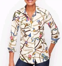 TALBOTS Floral Chain Tassel Print Buttondown Top NWOT