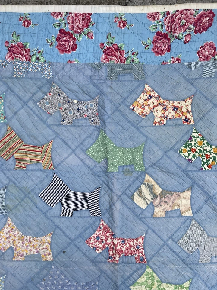 Vtg Quilt Hand Quilted Blue Scottie Dog Red Roses Floral 1930s 62x74 - Image 4 of 4
