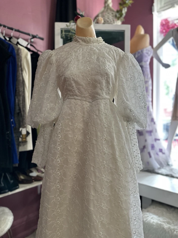 Винтажный 60-х Emma Domb свадебное платье епископ рукава бант назад белый Mod S/M - Изображение 3 из 4