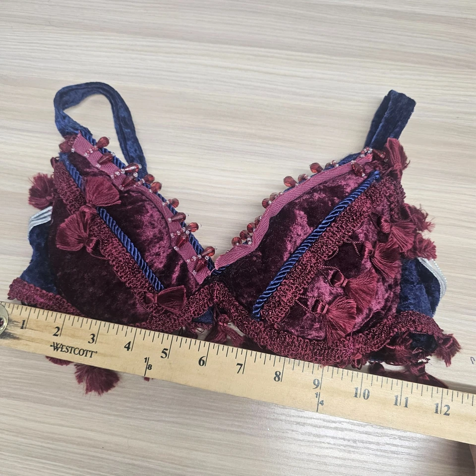 Sujetador con borlas de terciopelo Top Jóvenes Niñas Una Copa S Azul Granate Cuentas Rave Festival Fiesta Foto 4 de 4