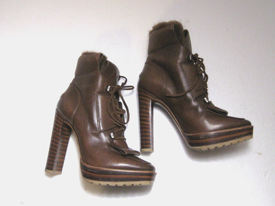 BALLY Switzerland Brown Leather Fur Trim Heels Lace-up Ankle Boots Wo's 36 / 5.5