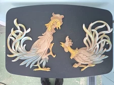 1965 Syroco Fighting Roosters Wall Plaques Pair – Vintage Rococo Style Decor