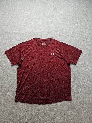 Under Armour Men Shirt XL Red Logo V Neck Short Sleeve Stretch Pullover Tech Tee