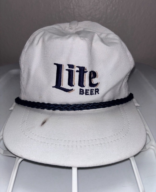 Lite White Snapback Hat Cap w/ Braided Rope Trim, Breweriana Theme