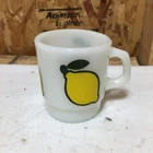 VTG Anchor Hocking Fire King Milk Glass Mug White Yellow Black Lemon Graphic
