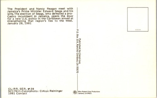 Vintage President Ronald & Nancy Reagan Postcard Jamaica Prime Minister Seaga - Picture 2 of 3