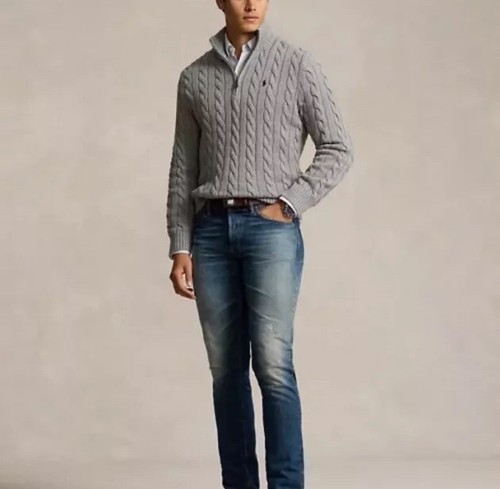 $148 Polo Ralph Lauren Men’s Cable-Knit Cotton Quarter-Zip Sweater Grey Size M - Picture 3 of 7