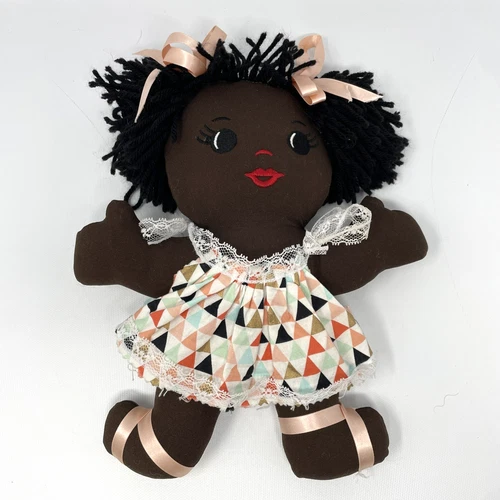 African American Rag Doll 11" Embroidered Yarn Hair Girl with Dress Ribbon