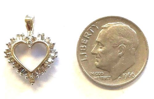 10 Karat Yellow Gold Small 1/3 CT Baguette & Round Diamond Heart Pendant P343 - Picture 1 of 3
