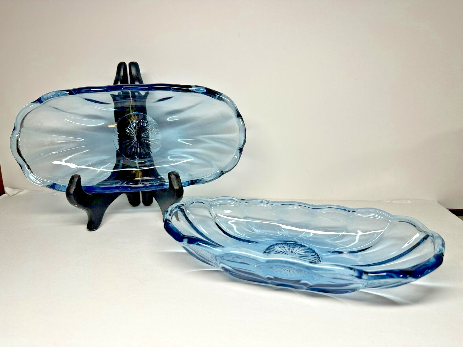 Vintage Anchor Hocking Blue Banana Split Relish Candy Dish Set of 2