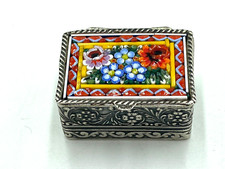 Tolle Pillendose 925er Silber mit Mosaik toll verziert floral verziert am Deckel