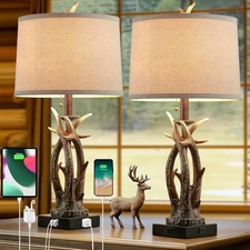Farmhouse Deer Antler Table Lamps Set of 2 Rustic Western Bedside Transitional