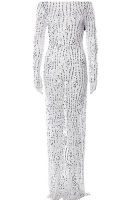 cherri sequin crochet dress Retrofete Cherri White Crochet-Knit Maxi Dress XS Long Sleeve Sequin Sheer